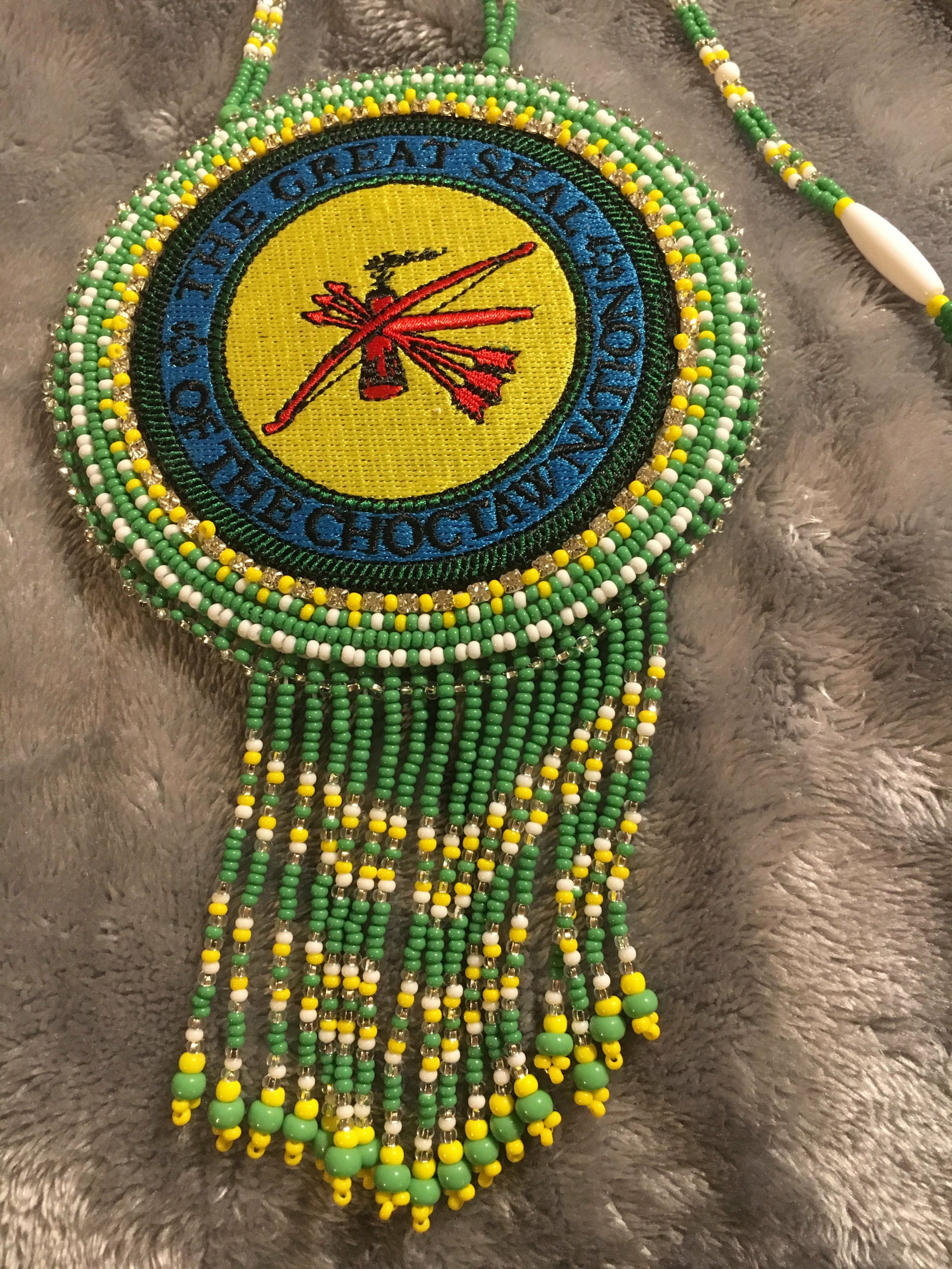 Choctaw Nation Beadwork 20 Medallion Green, White Yellow W Choctaw